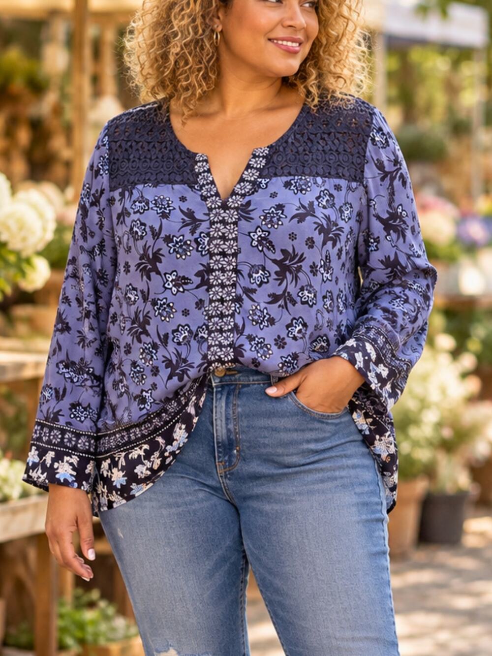 BeachLunchLounge Blue Floral Boho Peasant Top Crochet Trim Size XL